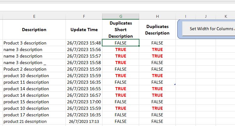  Form in Excel to add products’ details and then check for duplicates in fields Short Description and Description