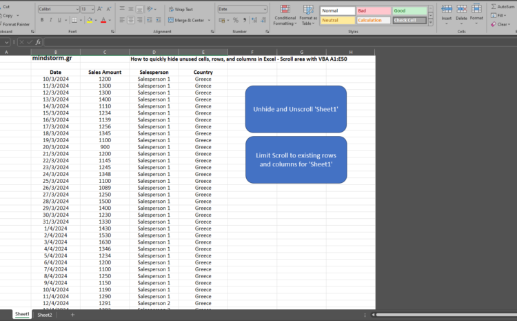  How to quickly hide unused cells, rows and columns in Excel – Scroll area with VBA A1:E50